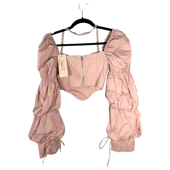 Oh Polly Blush Pink Bustier Corset Off Shoulder Long Sleeve Blouse Crop 2 NEW - Picture 6 of 7